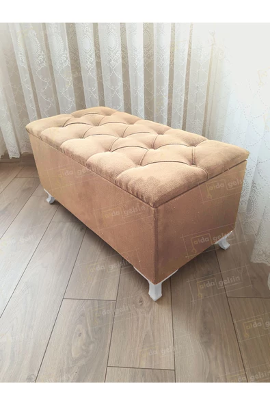 Lüks Sandıklı Kapitoneli Ayakucu Puf Bench 90 cm Beyaz Ayak