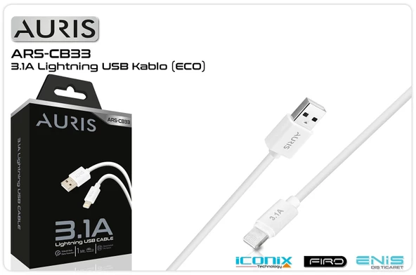 Data Ve Şarj Kablo İphone Lightning 1 Mt 3.1 Amper Auris ARS-CB33