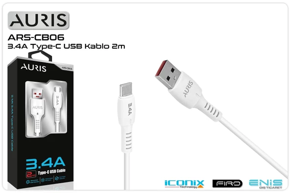 Data Ve Şarj Kablo Type-C 2 Mt 3.4 Amper Auris ARS-CB06