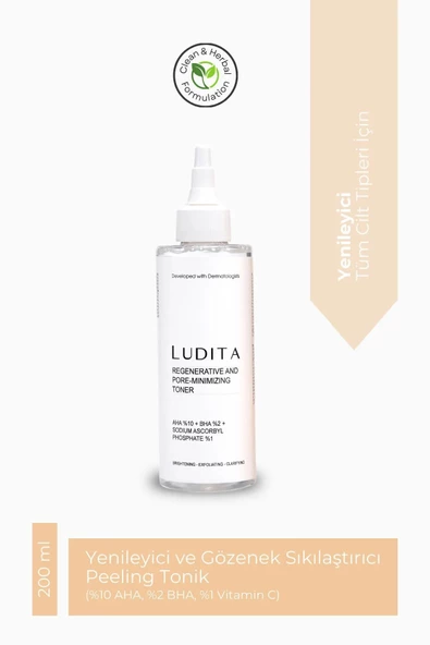 Ludita Yenileyici ve Gözenek Küçültücü Tonik (%10 AHA, %2 BHA, %1 C Vitamini) 200ML
