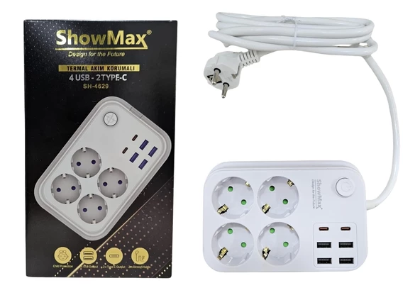 Priz 4 Lü 4 Usb 2 Type-C 2 Metre Akım Korumalı Showmax SH-4629