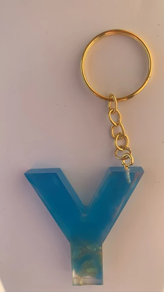 Deniz Mavisi Renk Gold Taşlı Gold Aksesuarlı Y Harfi Şekil Epoksi Anahtarlık El Yapımı Hediyelik - Resim 4