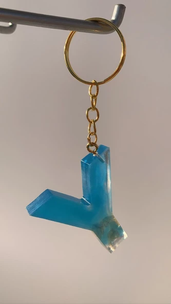 Deniz Mavisi Renk Gold Taşlı Gold Aksesuarlı Y Harfi Şekil Epoksi Anahtarlık El Yapımı Hediyelik - Resim 8