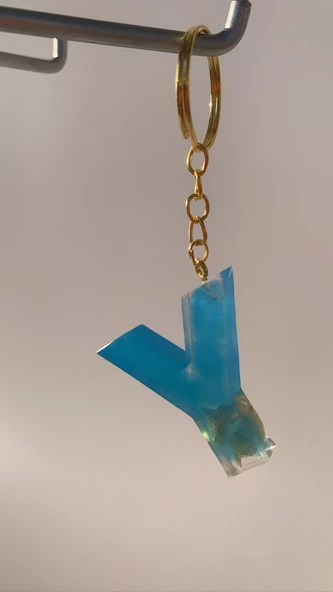 Deniz Mavisi Renk Gold Taşlı Gold Aksesuarlı Y Harfi Şekil Epoksi Anahtarlık El Yapımı Hediyelik - Resim 5