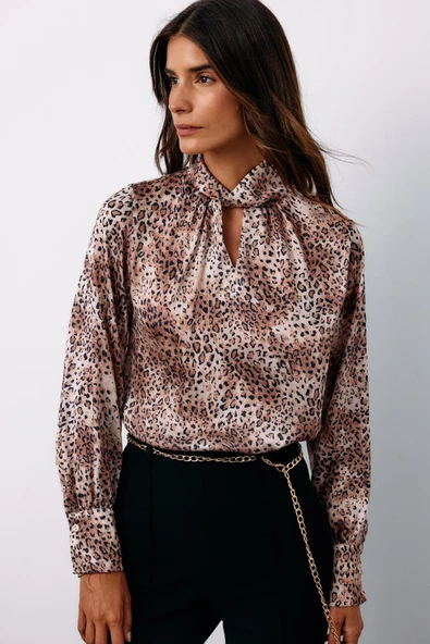 Detaylı Yaka Leopar Desenli Bluz - BEJ - 4