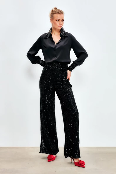 Kemerli Payet Pantolon - SİYAH - 2