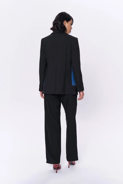 Kemer Aksesuarlı Denim Match Blazer Ceket Siyah - 4