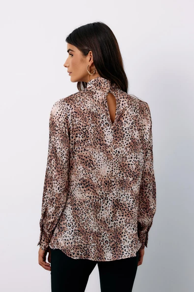 Detaylı Yaka Leopar Desenli Bluz - BEJ - 5