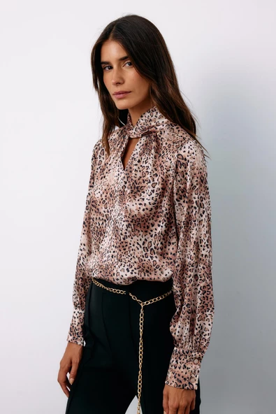 Detaylı Yaka Leopar Desenli Bluz - BEJ - 3
