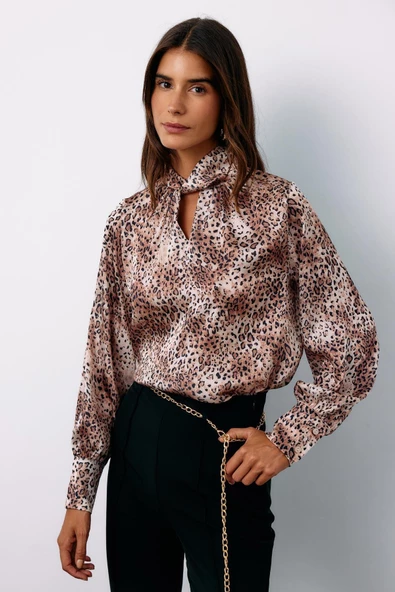 Detaylı Yaka Leopar Desenli Bluz - BEJ - 2