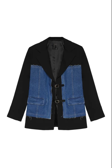 Kemer Aksesuarlı Denim Match Blazer Ceket Siyah - 5
