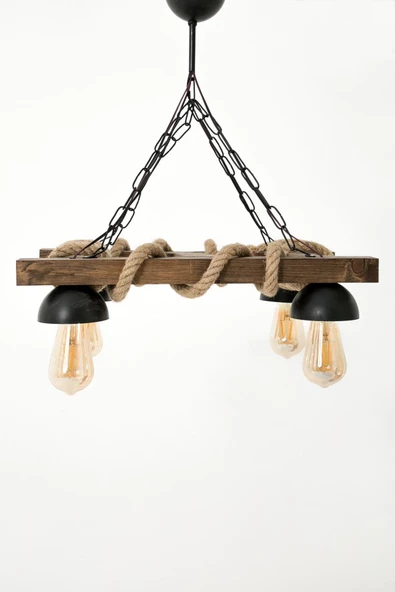 Ahşap Avize Dekoratif Doğal Halatlı Avize Salon Balkon Cafe Otel Kamelya 4 Lü Avize - 2