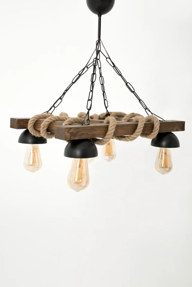 Ahşap Avize Dekoratif Doğal Halatlı Avize Salon Balkon Cafe Otel Kamelya 4 Lü Avize - 3