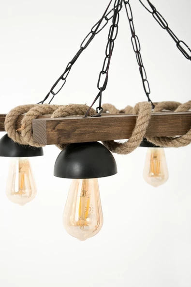 Ahşap Avize Dekoratif Doğal Halatlı Avize Salon Balkon Cafe Otel Kamelya 4 Lü Avize - 4