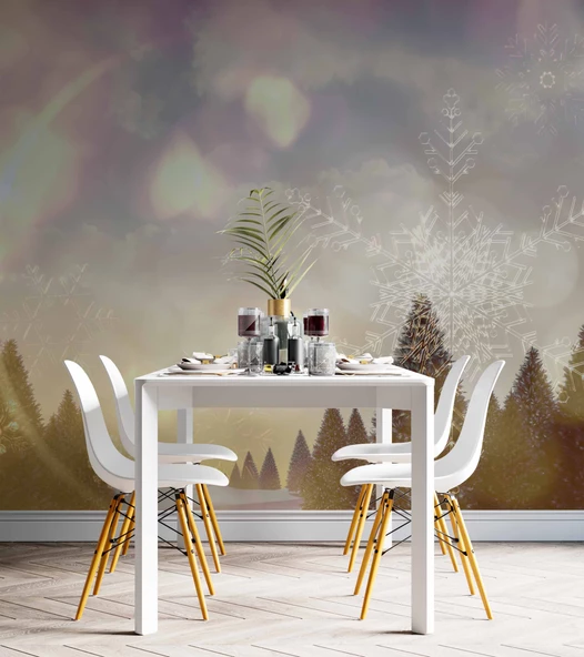 Çam Ağacı ve Kar Kristali Kış Manzaralı Duvar Kağıdı Baskı - Resim 5