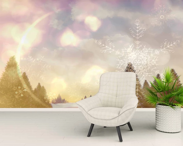 Çam Ağacı ve Kar Kristali Kış Manzaralı Duvar Kağıdı Baskı - Resim 6