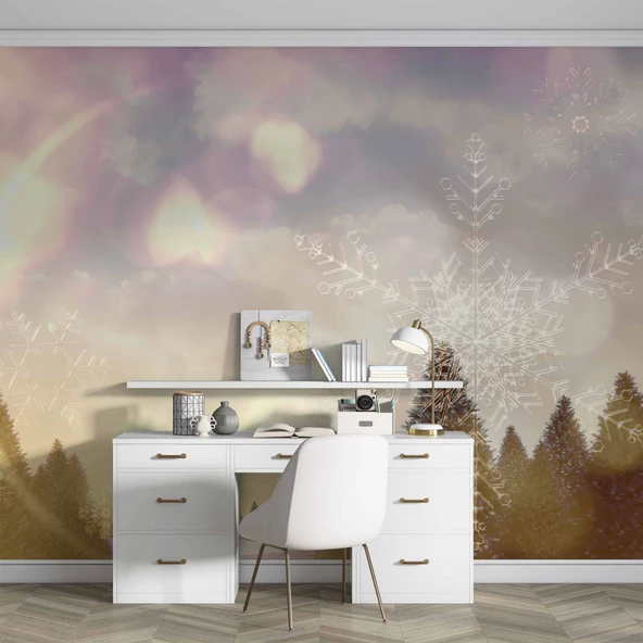 Çam Ağacı ve Kar Kristali Kış Manzaralı Duvar Kağıdı Baskı - Resim 4