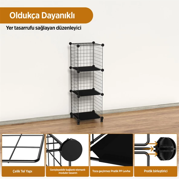 Dekoratif Tel Kafes Tasarımlı 3 Bölmeli Raf - Çok Amaçlı Tel Dolap - 3