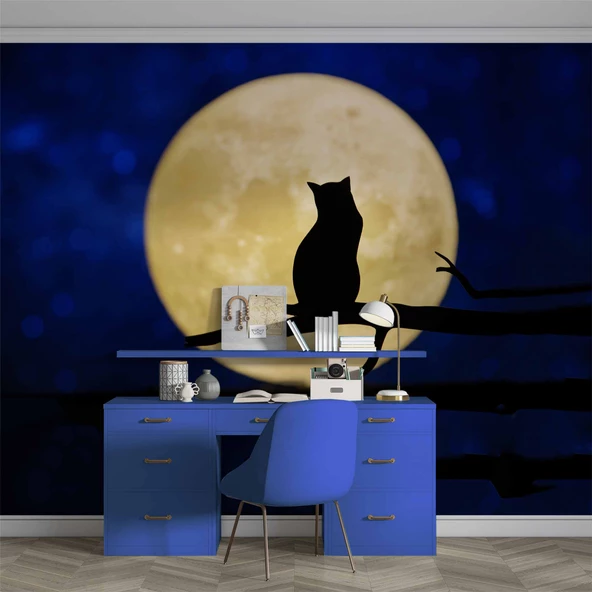 Kedi ve Ay Temalı Duvar Kağıdı Baskı - Resim 4
