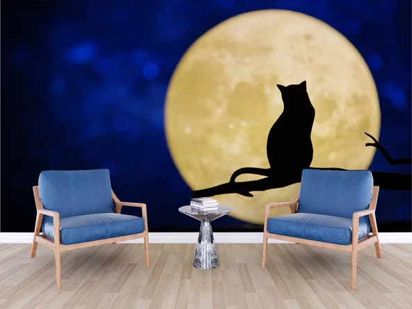 Kedi ve Ay Temalı Duvar Kağıdı Baskı - Resim 6