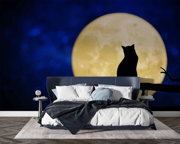 Kedi ve Ay Temalı Duvar Kağıdı Baskı - Resim 2