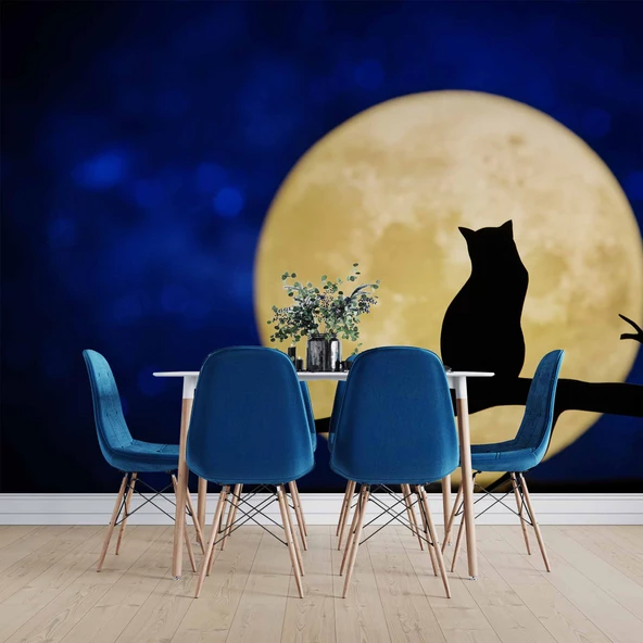Kedi ve Ay Temalı Duvar Kağıdı Baskı - Resim 5
