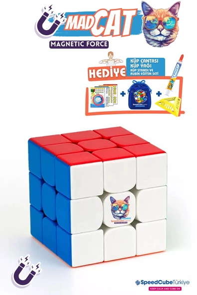 Galery Wood Mad Cat 3x3 Profesyonel Manyetik Mıknatıslı Rubik Küp Akıl Küpü Zeka Küpü Speedcube Canlı Renkler