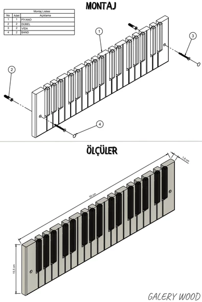 Galery Wood Manyetik Tuşlu Model Dekoratif Ahşap 15 Tuşlu Piyano Elbise Askılık, Elbise,Çanta,Kapı,Askı;15x55cm - 2
