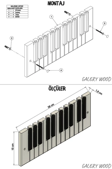 Galery Wood Dekoratif Ahşap 10 Tuşlu Piyano Elbise Askılık Enstrümantal Çok Amaçlı Piano Çanta Kapı Askı;15x38cm - 7