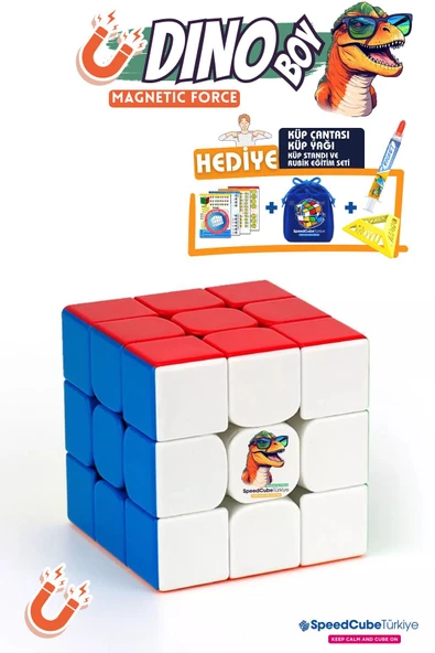 Galery Wood Dino Boy 3x3 Profesyonel Manyetik Mıknatıslı Rubik Küp Akıl Küpü Zeka Küpü Speedcube Canlı Renkler