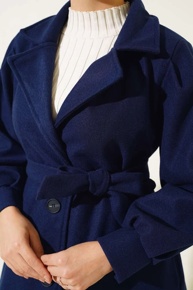 Balon Kollu Uzun Model Lacivert Kaşe Kaban - Resim 4