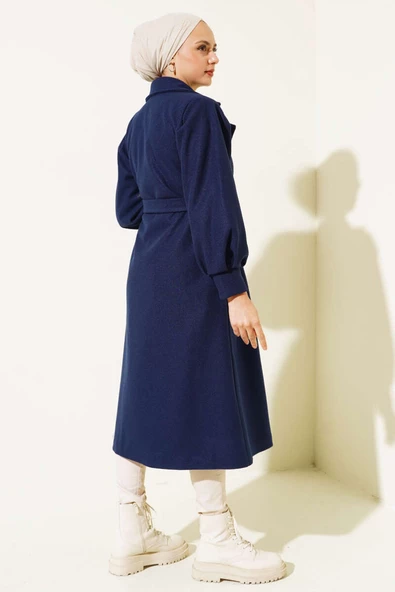 Balon Kollu Uzun Model Lacivert Kaşe Kaban - Resim 3