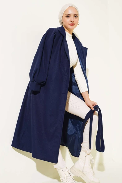 Balon Kollu Uzun Model Lacivert Kaşe Kaban ürün görseli 1