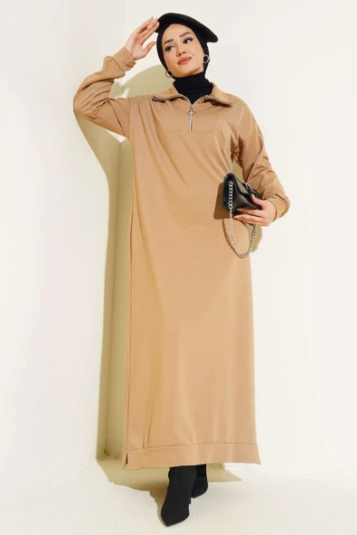 Yaka Fermuarlı İki İplik Elbise Camel