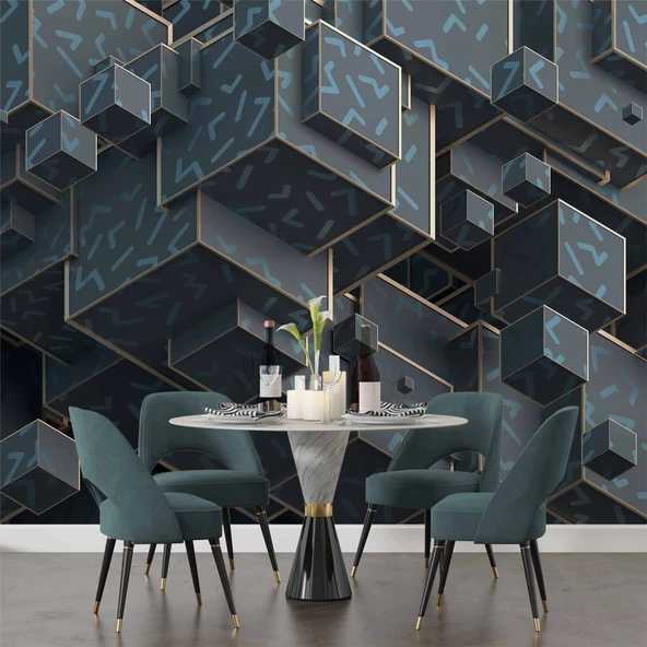 3 Boyutlu Yeşil Küp Temalı Duvar Kağıdı - Resim 5