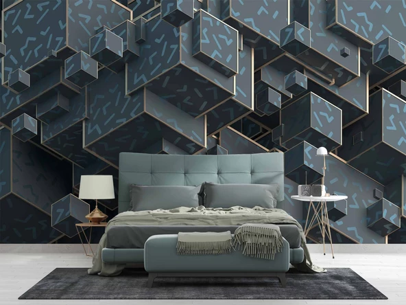 3 Boyutlu Yeşil Küp Temalı Duvar Kağıdı - Resim 2