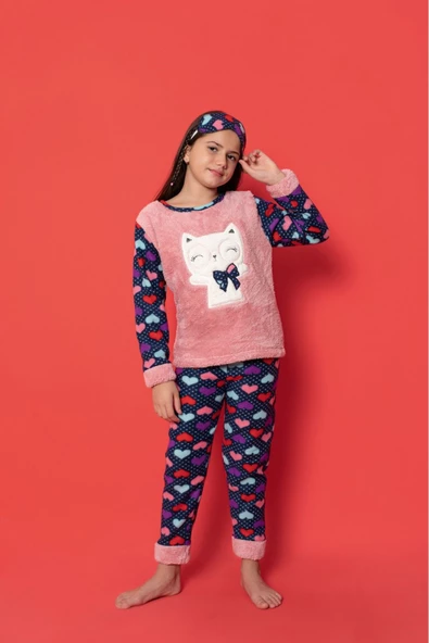 Çocuk Peluş Pijama Takımı Welsoft Polar Beyaz Kedili 4yaştan 11 yaşa kadar