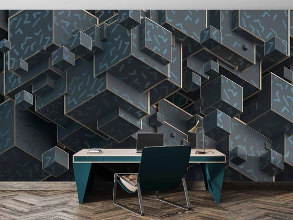 3 Boyutlu Yeşil Küp Temalı Duvar Kağıdı - Resim 4