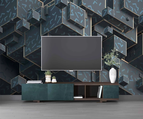 3 Boyutlu Yeşil Küp Temalı Duvar Kağıdı - Resim 3