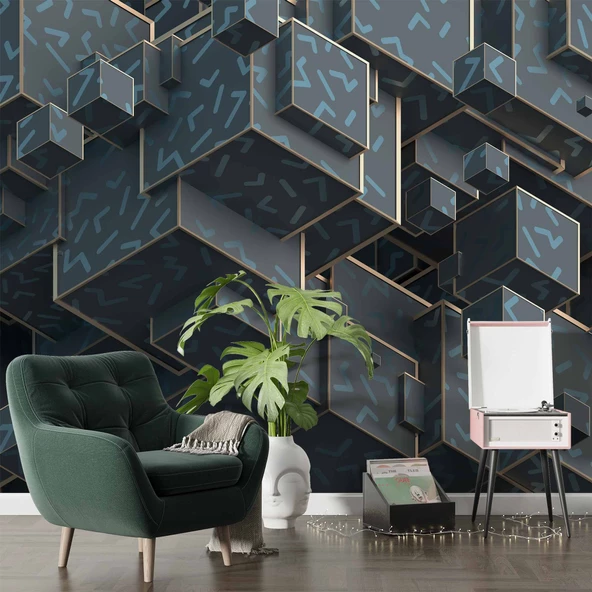 3 Boyutlu Yeşil Küp Temalı Duvar Kağıdı - Resim 6