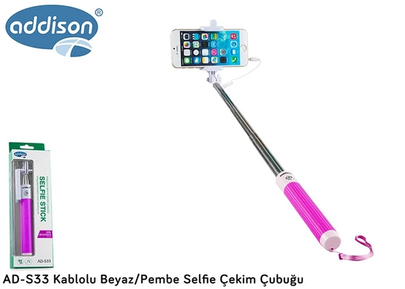 Selfie Çubuğu Kablolu Addison AD-S33 Pembe