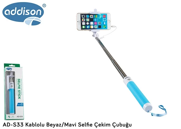 Selfie Çubuğu Kablolu Addison AD-S33 Mavi