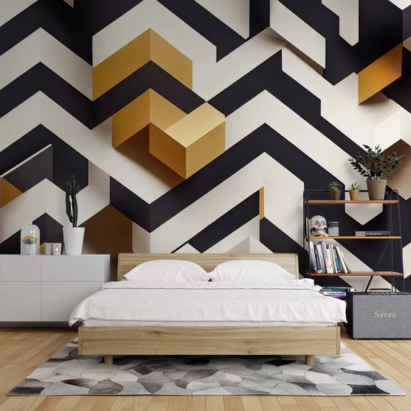 3 Boyutlu Siyah Beyaz Altın Temalı Duvar Kağıdı - Resim 2