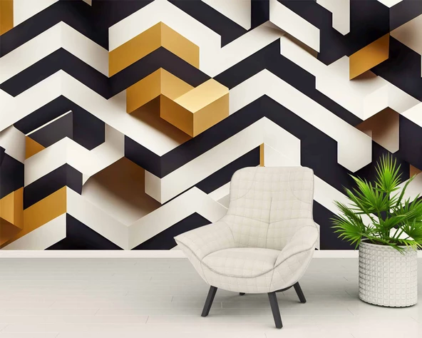 3 Boyutlu Siyah Beyaz Altın Temalı Duvar Kağıdı - Resim 6