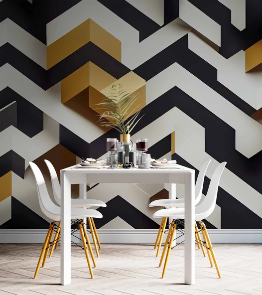 3 Boyutlu Siyah Beyaz Altın Temalı Duvar Kağıdı - Resim 5