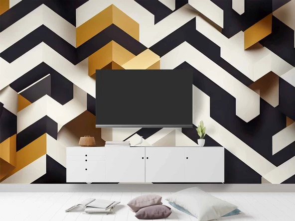 3 Boyutlu Siyah Beyaz Altın Temalı Duvar Kağıdı - Resim 3