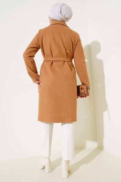 Bel Kuşaklı Astarlı Kaşe Kaban Camel - 3