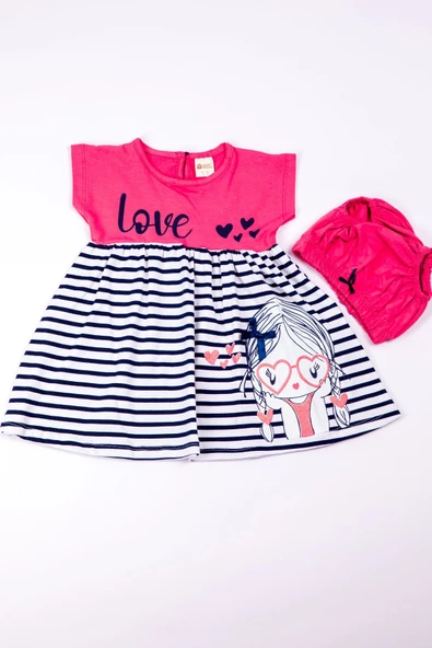 KIZ ÇOCUK ELBİSE ÇİZGİLİ BASKILI B7