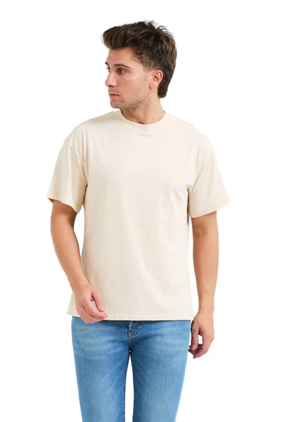 JUSTEVER 100% Pamuk Oversize Fit Bisiklet Yaka Bej Erkek T-Shirt - Alpha