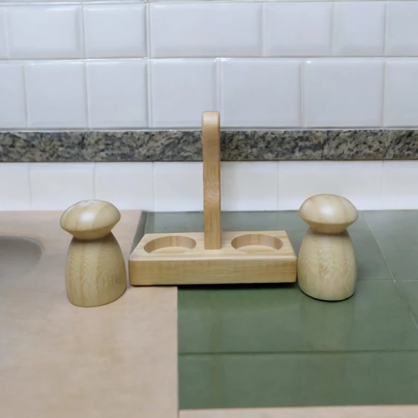 Şık Bambu Tuzluk Biberlik Seti Standlı - 2